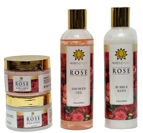 A escolha de Nuee's Rose Bath and Body Gift Gree para mulheres e homens - conjunto de spa de 4 peças, inclui loções para o corpo, banheira de espuma extra grande, gel de chuveiro, esfoliação corporal luxuosa e muito mais