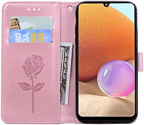 CCSmall Samsung Galaxy A32 4G Caixa de carteira de flor de rosa Rose, capa de telefone de couro PU w/titular de cartões de crédito cartões de crédito bolsos de caixa de caixa de caixa destacável capa para Samsung Galaxy A32 4g RS Pink