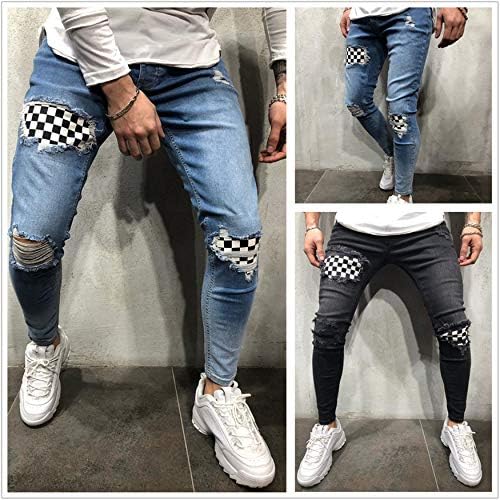 Andongnywell Men Slim Fit Jeans Stretch Destroyed Ripped jeans lateral calça jeans com zíper para o bolso