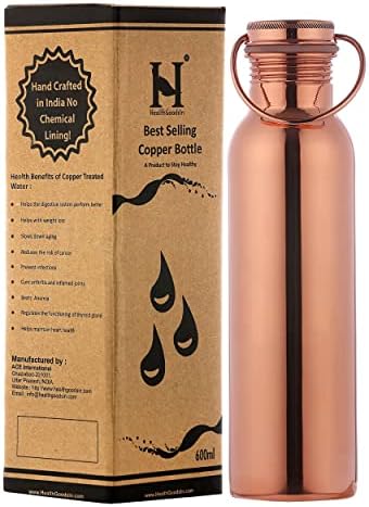 Garrafa de água de cobre pura com alça, 600 ml, sem forro, não revestido e sem lacação para benefícios de saúde ayurvédica