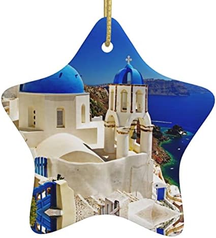 Santorini Ilha Grega Vista do mar 2022 Pingente de cerâmica de Natal para decorar a árvore de Natal