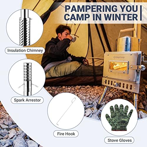 Fogão da tenda quente kingcamp, fogão de acampamento dobrável com fornalha grande, fogão de acampamento de inverno de 6,2 pés
