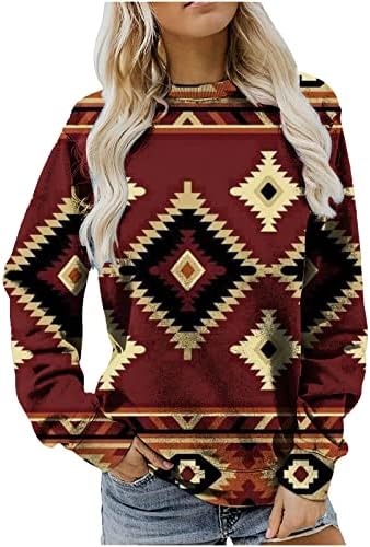 Mulheres Western asteca Aztec Camisa étnica Vintage Geométrico Gráfico Gráfico Gráfico Crewneck Blusa Fit Loose Casual Slave