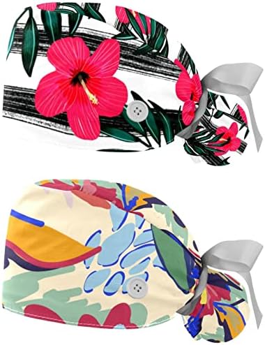 Capace de trabalho ajustável floral da folha tropical com suporte de rabo de cavalo 2 PCs Scrub Cap Bouffant Hat for Women, um tamanho