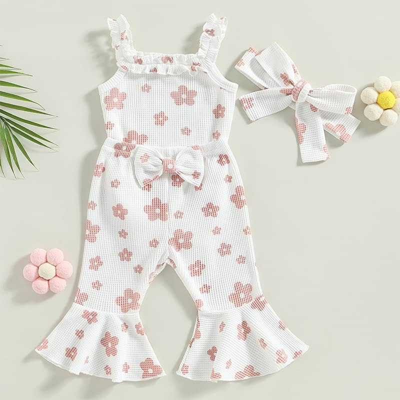 MAEMUKILABE Infantil menina de verão Roupa floral de verão sem mangas Romper com nervuras + calças de baixo para baixo + faixa