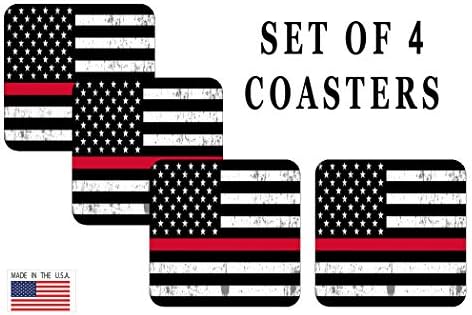 Fin Red Line USA Flag Bandued Drink Coaster Conjunto de 4 Presente para bombeiros de bombeiros FD FD Kitchen Barware