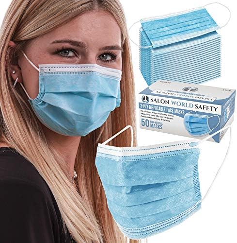 TCP Global Salon World Safety - Caixa de dispensador selada de 50 máscaras de face PPE de proteção descartável de 3 bastes respiráveis ​​com clipe do nariz e loops de orelha