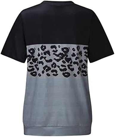 Bloco de cores para mulheres Tops de verão Leopard Impresso de manga curta Camiseta casual pescoço redondo solto camisetas básicas