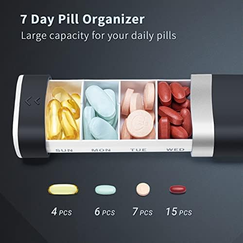 2 Pacote Zoksi Weekly Pill Organizador 7 Dia 1 hora por dia, caixa de comprimidos de viagem, estojo preto portátil e máquina