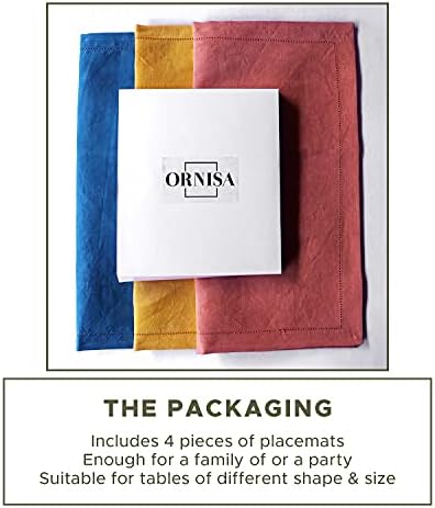 Ornisa Cotton Linen Placemat Set Organic Hemstitch de 4, 13x18 polegadas, feita à mão com cantos miterados, placemats reutilizáveis