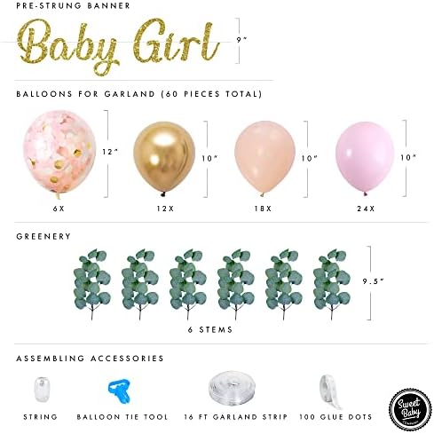 Sweet Baby Co. Decorações de chá de bebê para menina com kit de guirlanda rosa de arco de balão, decoração de banner de menina,