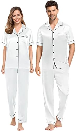 Casais swomog correspondente pijamas conjuntos de seda cetim de manga curta de manga de sono botão para baixo pjs pjs com calças