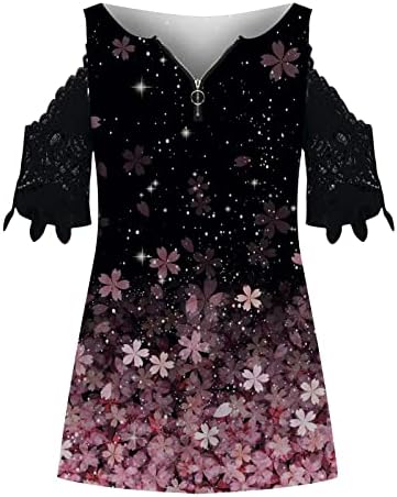 Vneck blusa feminina verão outono de outono com manga curta de renda com algodão zíper de retalhos gráfico blusa