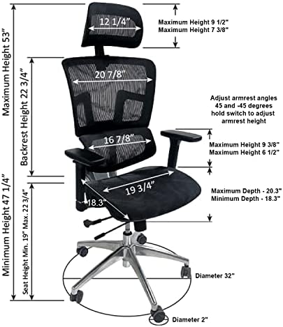 Altura ergonômica ergomax ajustável, tecido de malha respirável, cadeira de escritório em casa, 53 pol. Max, preto
