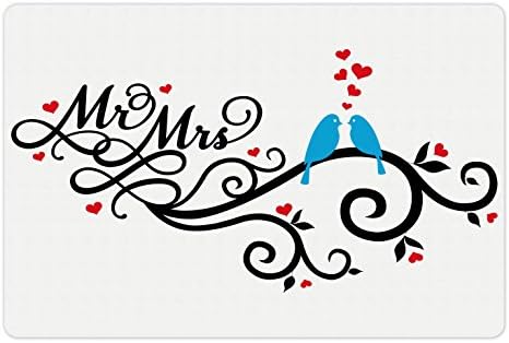 Ambesonne Wedding Pet Tapete para comer e água, Sr. e Sra. Ramos galhos com corações vermelhos e 2 pássaros da felicidade,