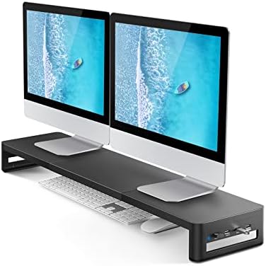 Stand de monitor destacável Enusung com USB 3.0/2.0 Portas Riser de monitor duplo de aço para mesa, suporte de computador de metal para