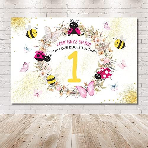 Mehofond 7x5ft Spring Buzzing Bees Backdrop for Girl 1st Birthday Party Decor Our Love Bug One Birthday Banner Primeiro 1º Bordado de Boretim Garland em Decoração Amarela Rosa Aderetes