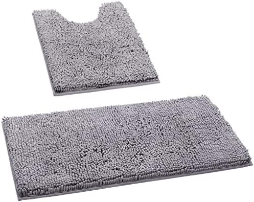 Homeideas Banheiro Rugs Conjuntos de 2 peças Cinza, Ultra Soft Non Slip Bath Tapete, tapete de banho de Chenille absorvente,