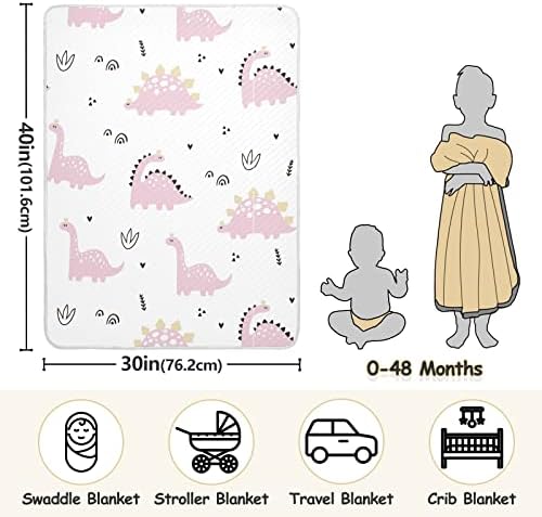 Cobertor de dinossauro rosa cobertor de algodão para bebês, recebendo cobertor, cobertor leve e macio para berço, carrinho, cobertores de berçário, 30x40 in, branco