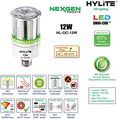 Iluminação LED de hylite 12W LED de alto desempenho lâmpada omni-cob, 360º, 50k, 1600 lm, 100 ~ 277V para luminária de luminária