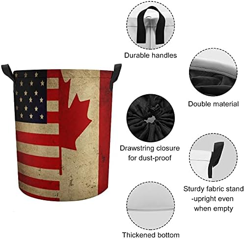 Bandeiras americanas e canadenses vintage Bolsas de lavanderia redonda cesta de armazenamento de cesto à prova d'água com alças e tampa de fechamento de cordão