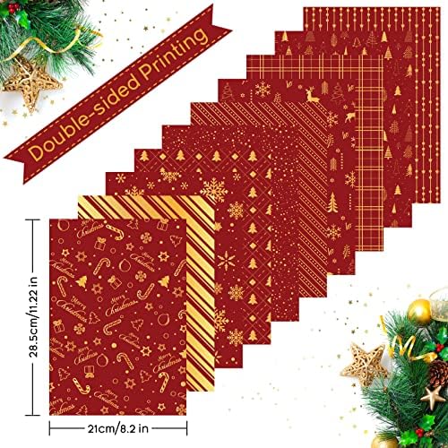 MIAHART 30 folhas de papel de padrão de Natal Conjunto de papel A4 Red e Gold Festival Decorativo Papel de artesanato duplo-lados