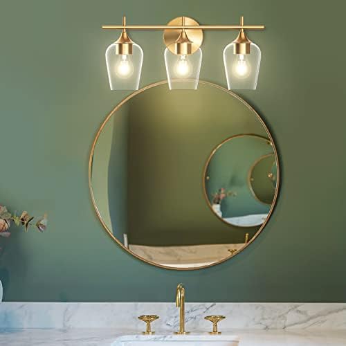 Luminária de vaidade do banheiro hamilyeah sobre o espelho, luminárias de banheiro dourado interno, 3 bandeira leve iluminação de champanhe Brass, iluminação moderna de montagem de parede com sala de estar de vidro