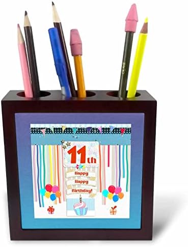 Imagem 3drose da etiqueta do 11º aniversário, cupcake, vela, balões. - titulares de caneta de ladrilhos