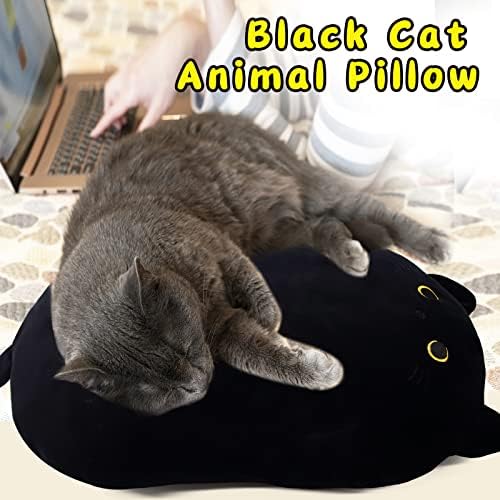 Jiajegtgt Black Cat Plush Pillow, 18 polegadas de gato fofo animal de pelúcia, 3D Soft Cat Shape Design Lombar Back Cushion