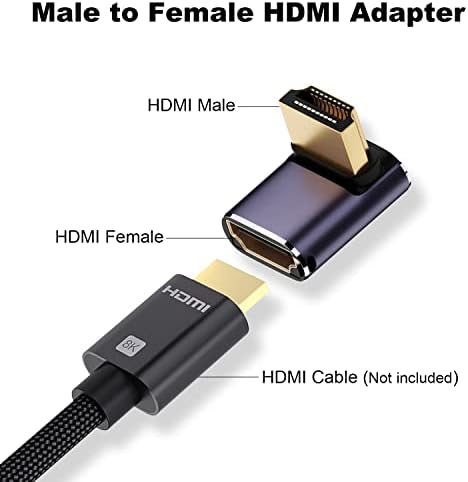 AREME 8K HDMI 2.1 Adaptador de ângulo reto, UP & Down 90 graus e 270 graus HDMI Male para HDMI Extender Conector Alumínio Alumínio