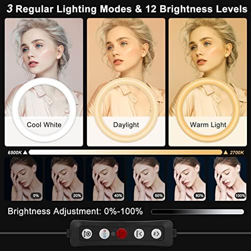 10.2 Luz do anel selfie com suporte de suporte e telefone, tripé de mesa, modos de iluminação de 29 RGB, remoto para câmera iPhone e Android. Luz de halo LED para foto, gravação de vídeo, Tiktok. Circle Ringlight Dimmable Dimmable