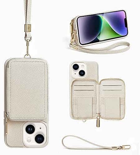 ZVE iPhone 14 Plus Wallet Case com alça, estojo com zíper com suporte para cartão RFID, estojo de bolsa de couro para