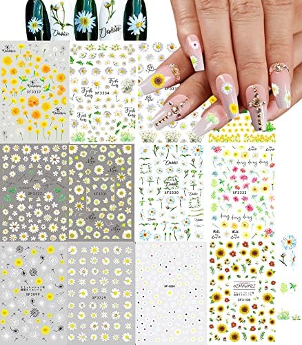 12 folhas Daisy unhas artes adesivos Decalques da primavera Flores do verão Suprimentos de unhas Decoração Multicolor