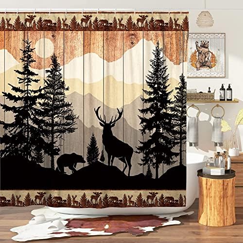 Witzest Rustic Bear Deer Extra longa cortinas de chuveiro de 84 polegadas, floresta floresta Cabineira Curina de Caixa Conjunto