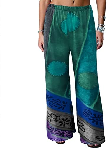 Calças de verão vintage para mulheres, com as pernas largas de pernas largas, calça palazzo étnico cintura elástica em Índia solta