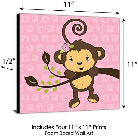 Big Dot of Happiness Pink Monkey Girl - Quarto das crianças, decoração do viveiro e decoração de casa - 11 x 11 polegadas Arte da parede do berçário - Conjunto de 4 impressões para o quarto do bebê