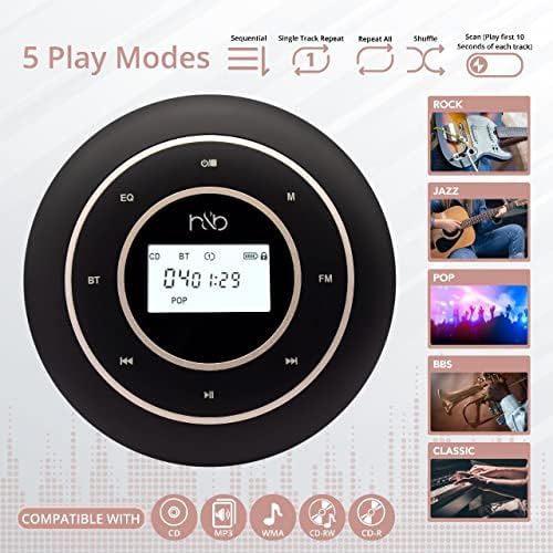 CD player portátil com Bluetooth 5.0 e bateria recarregável, saída AUX, transmissor FM para uso de carros, exibição de luz de fundo