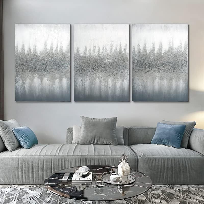 SOFONEY - 3D Silver Glitter embelezado cinza abstrato Arte da parede de parede Mão pincel cinza moderno pintura a óleo branca para sala de estar decoração de casa, 20x30inchx 3 peças, pronta para pendurar