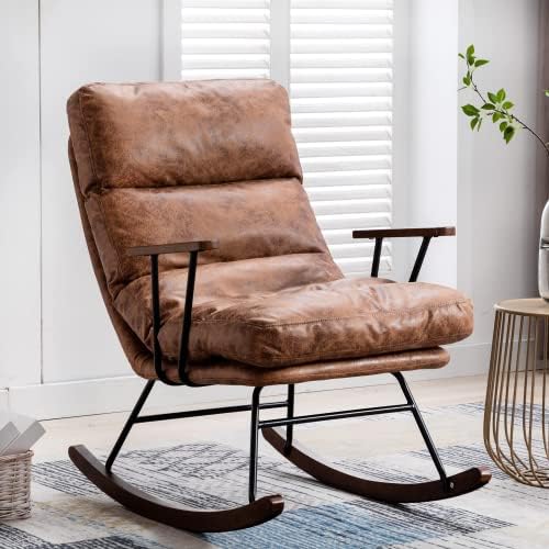 Cadeira de balanço moderna HNY Burmasse com braços de madeira, poltrona de couro estofada com encosto ajustável, cadeira de balancim de 22 para sala de estar/quarto/espaço pequeno, marrom
