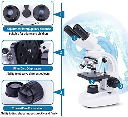 Microscópios binoculares compostos, microscópio de estudantes 8000X/10000/15000X, com iluminação LED dupla e estágio mecânico, amostra de vidro de 10pcs+suporte de telefone, para estudantes e iniciantes, 15000X