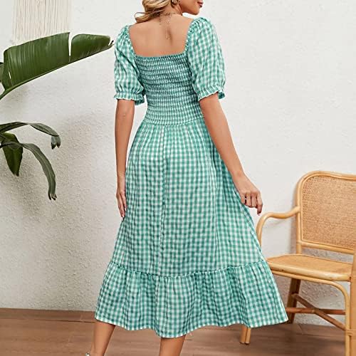 Vestido Bohemiano de Vestido Boêmiano de Vestido Quadrado Plaid Necue Midi Dress Ruffle Flowy praia vestido de casamento vestido de