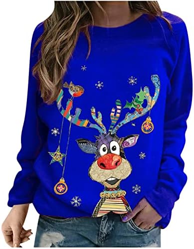 Narhbrg Christmas Mulheres tops fofos renas impressão casual solto de manga longa Crewneck suéteres moletons de férias tops de pulôver de férias