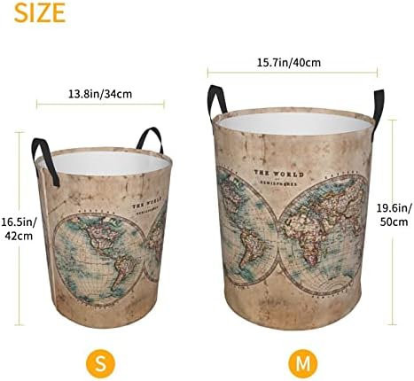 Velho mapa do mundo manchado cesto de roupa redonda, roupas grandes para armazenamento de pano oxford armazenamento