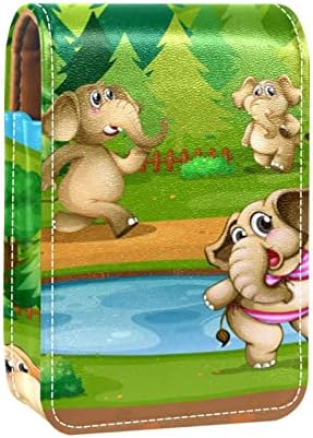 Caixa de batom mini mini com espelho para bolsa, elefantes fofos florestas de couro de couro de rio