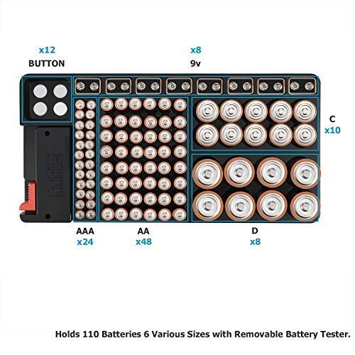 A caixa do organizador de armazenamento de bateria e o testador de bateria mantém 110 baterias vários tamanhos para