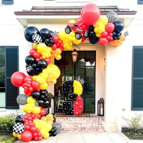 Kit de guirlanda de carro de corrida kit vermelho preto amarelo látex confetti balloons arch arco preto carboleta bandeira