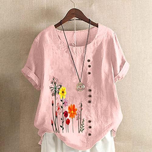 Camisa da blusa para mulheres de manga curta linho de linho de algodão rosa margarida gráfica de flores plus size tshirt casual ca