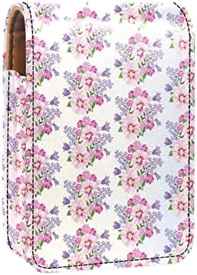 Caixa de batom com espelho para bolsa, padrão de maquiagem cosmética de couro romântico roxo de padrão floral rosa