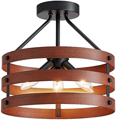 Looyd 3-Light Semi Flush Mount Teto Light Accet Vintage Farmhouse teto de madeira de madeira de madeira de metal lumin