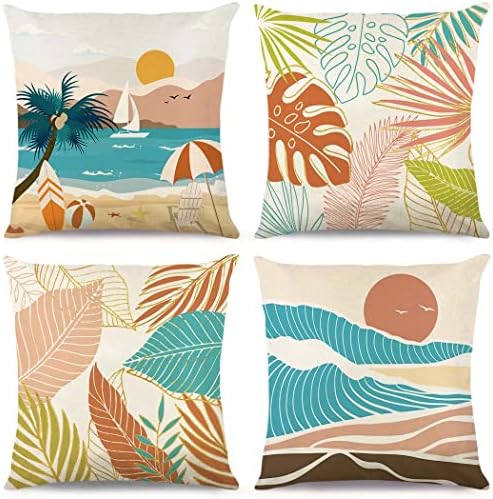 Juirnost Tropical Beach Capas de travesseiros 18x18 Conjunto de 4 folhas de palmeira folhas de verão Hawaii Capas de travesseiros ao ar livre Boho Casos de travesseiros Bohemian